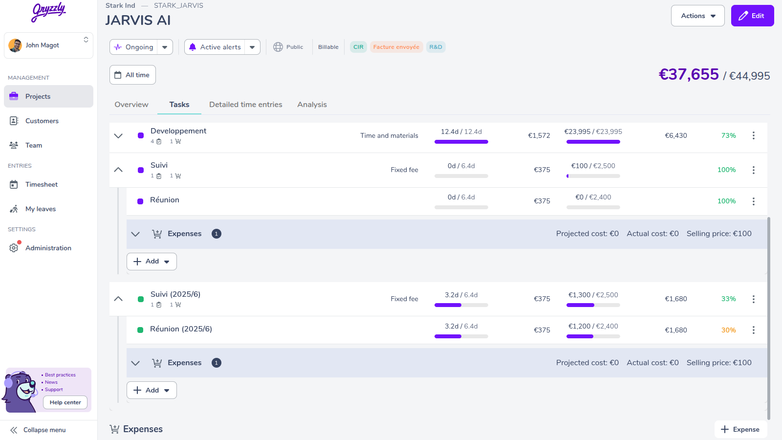 View of recurring tasks in a project