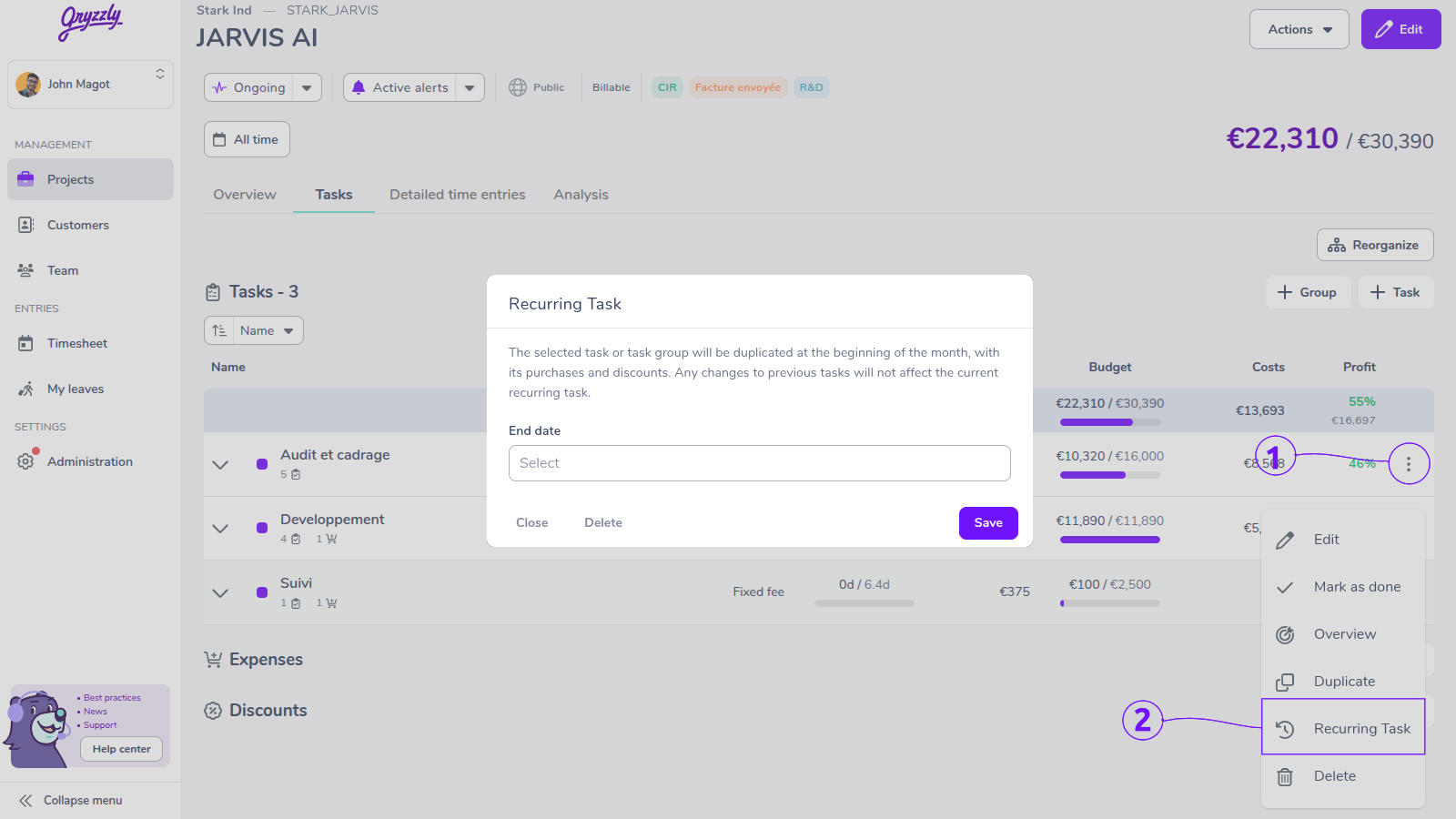 Creation modal for recurring task