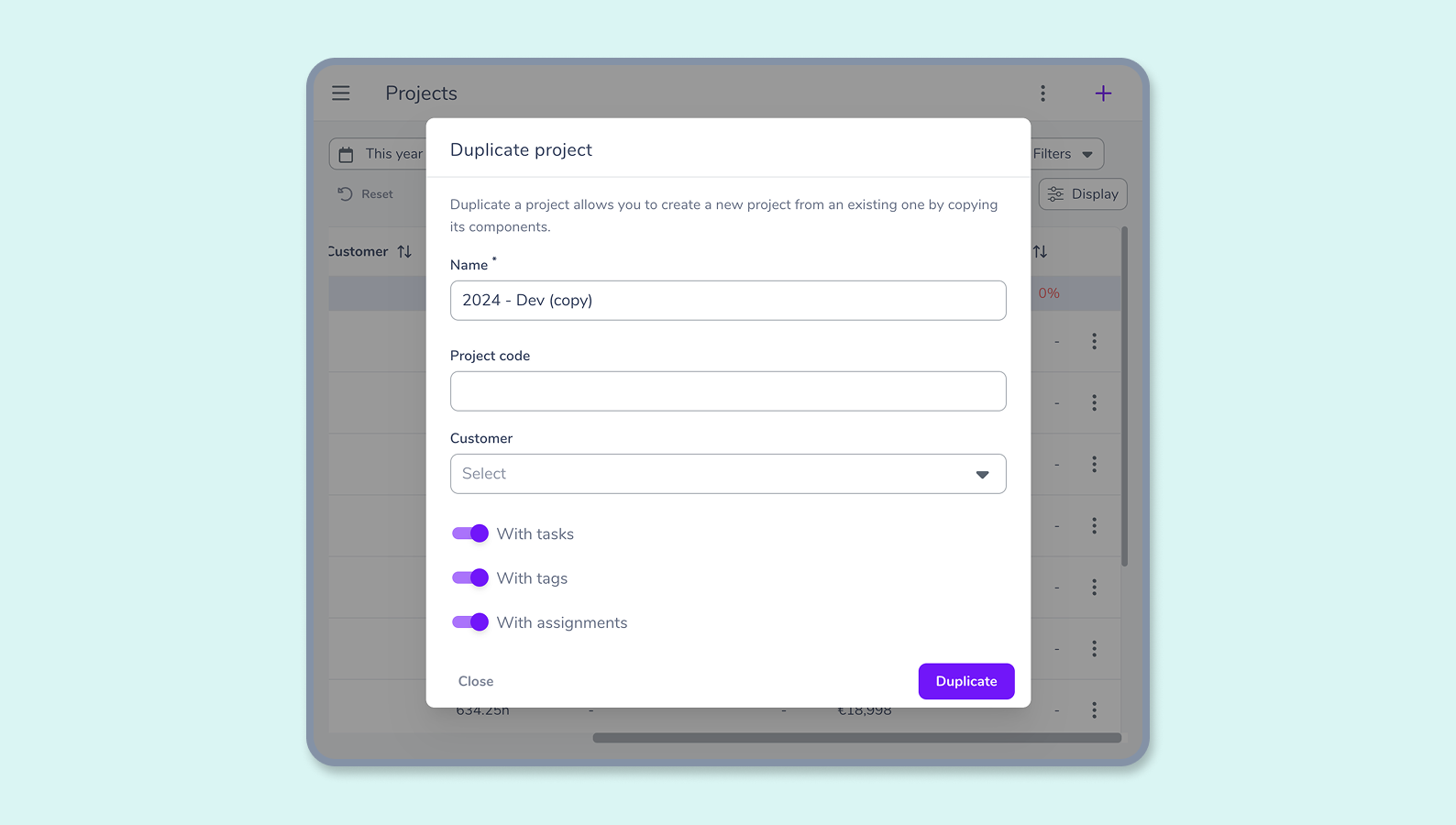 Project duplication modal