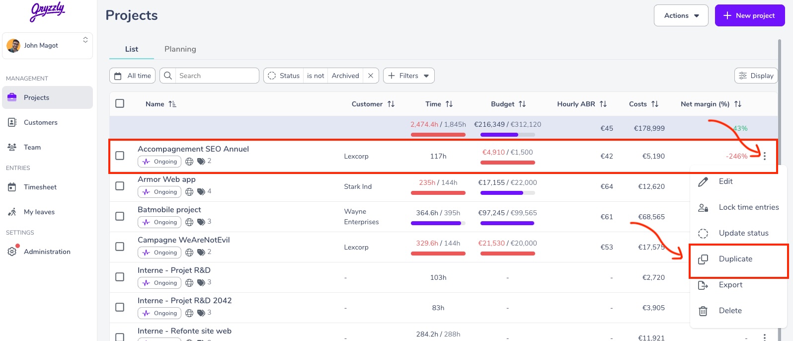 Duplicate a project