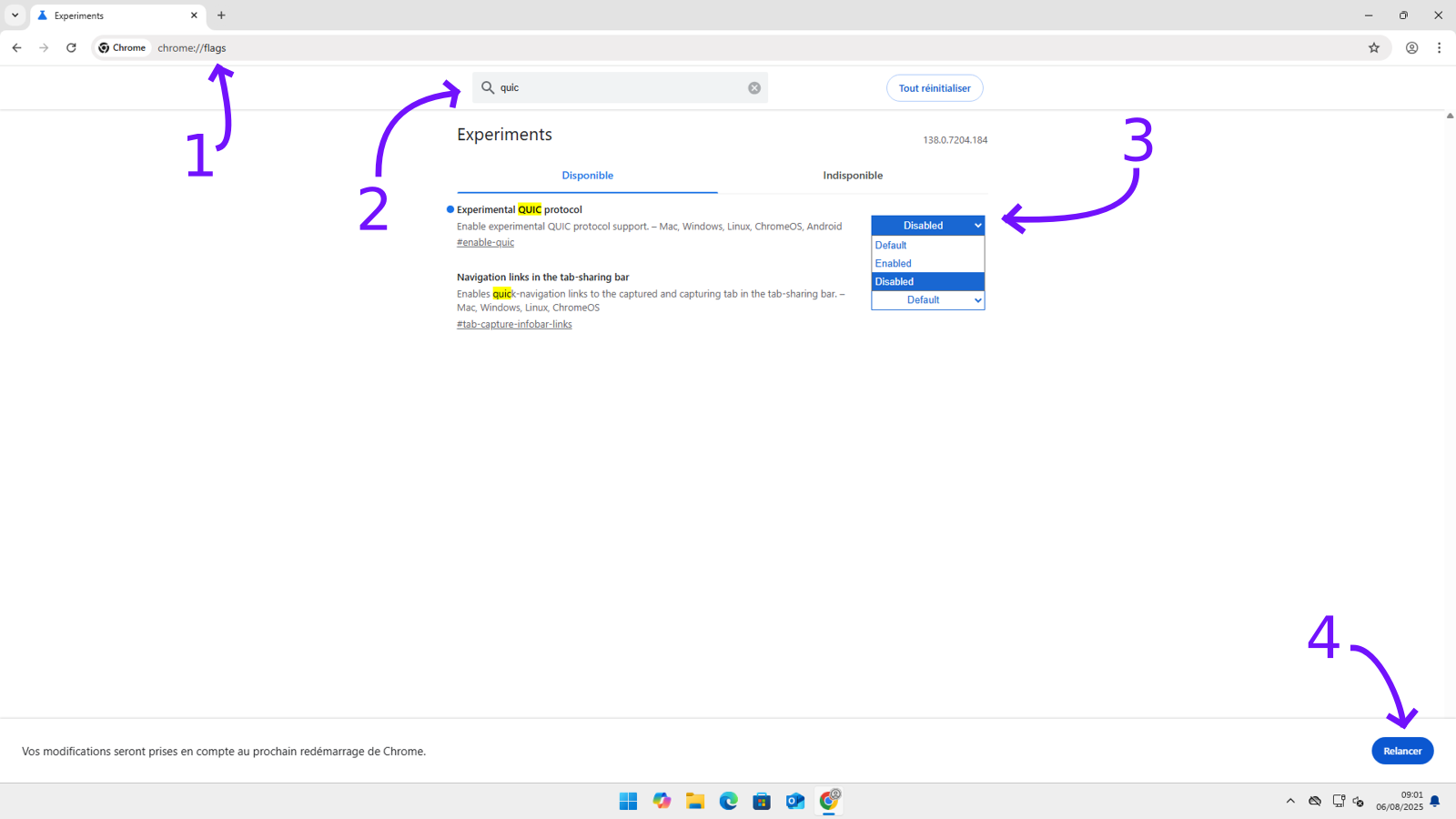 Annotated screenshot of Chrome settings showing how to disable HTTP/3