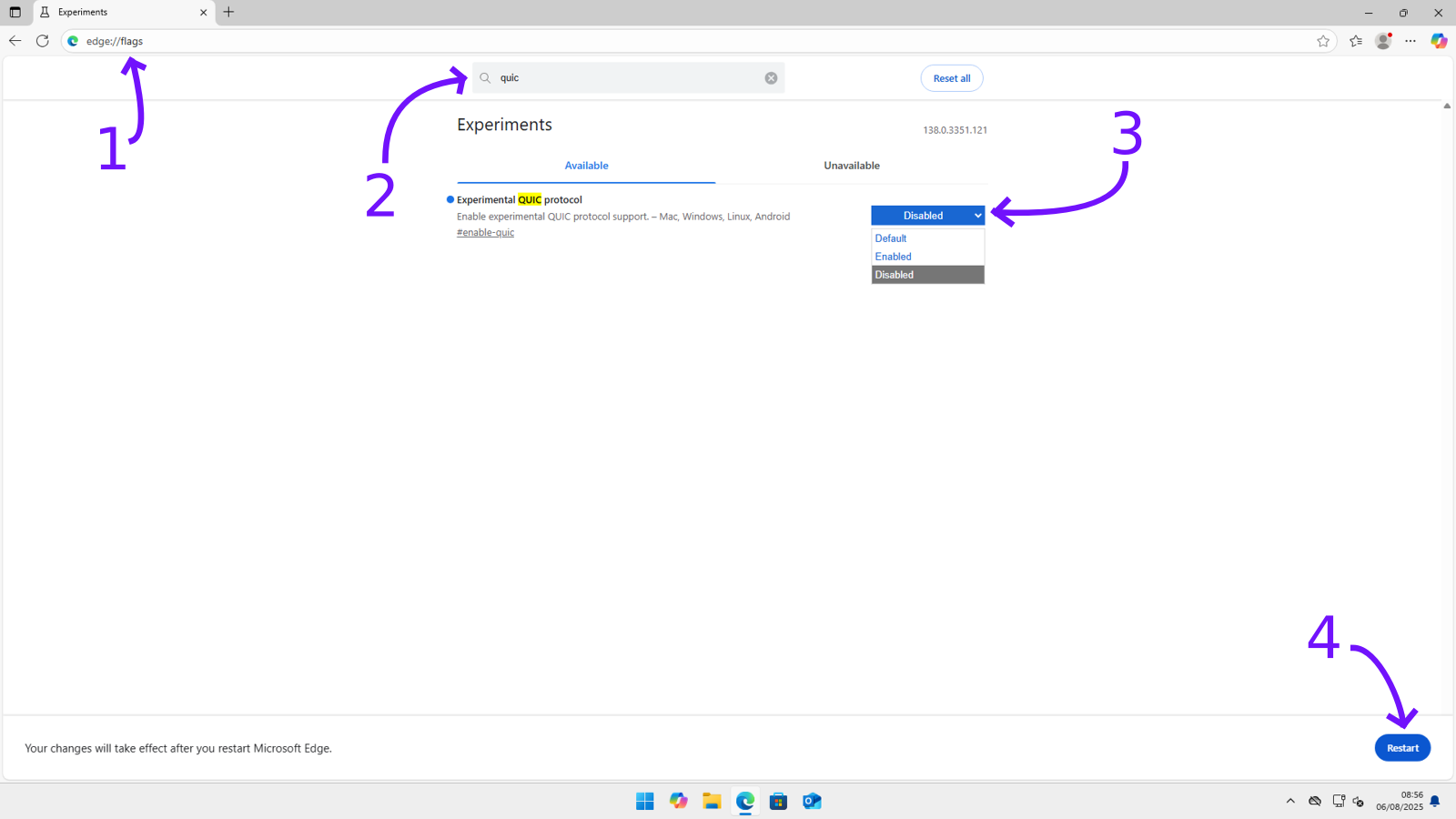 Annotated screenshot of Edge settings showing how to disable HTTP/3