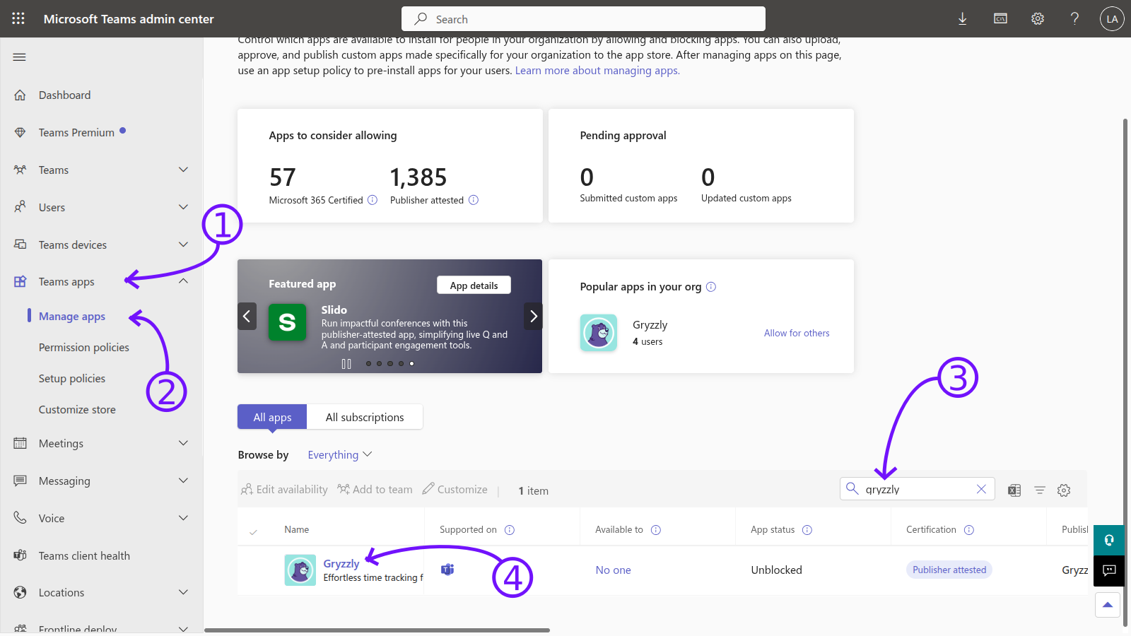 Find Gryzzly in Microsoft Teams admin center.