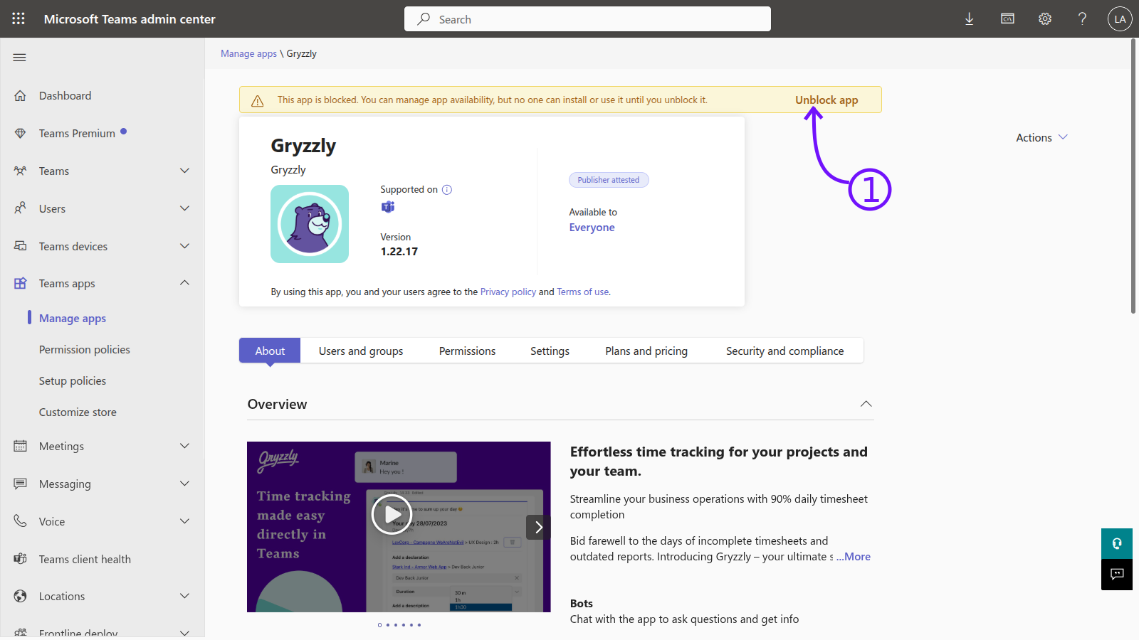 Unblock Gryzzly in Microsoft Teams admin center.