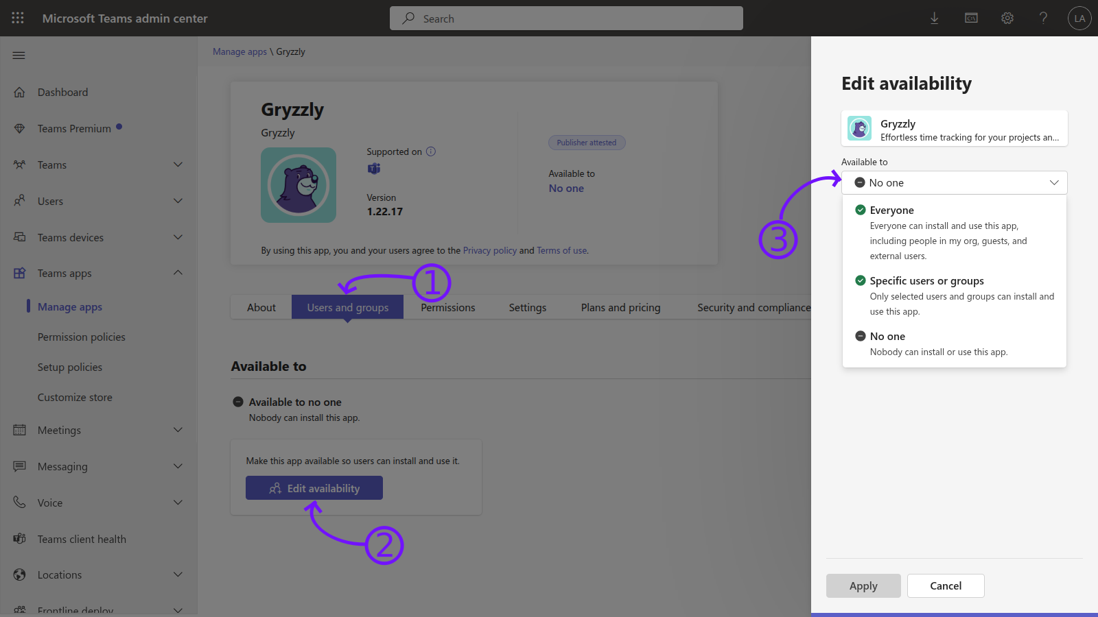 Edit Gryzzly availability in Microsoft Teams admin center.