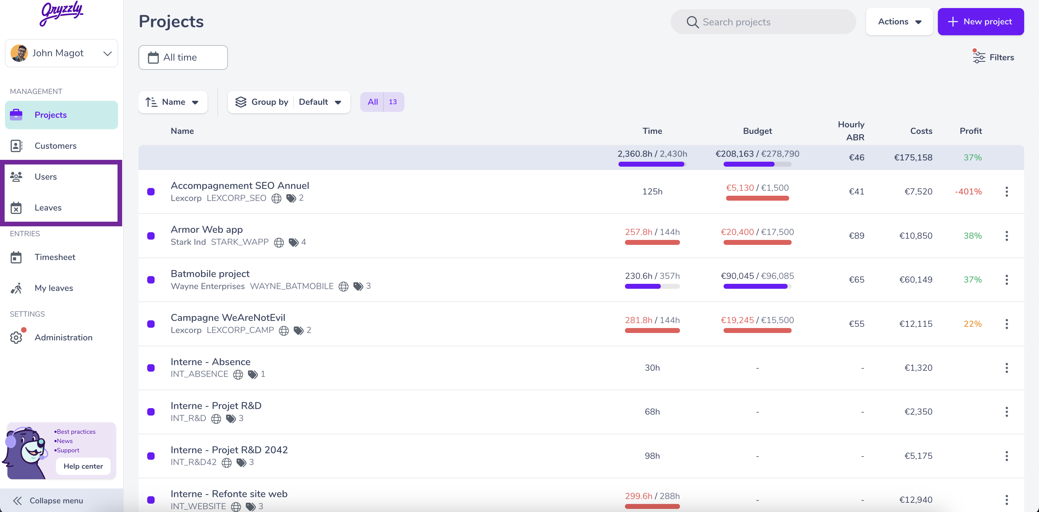Users and leaves view