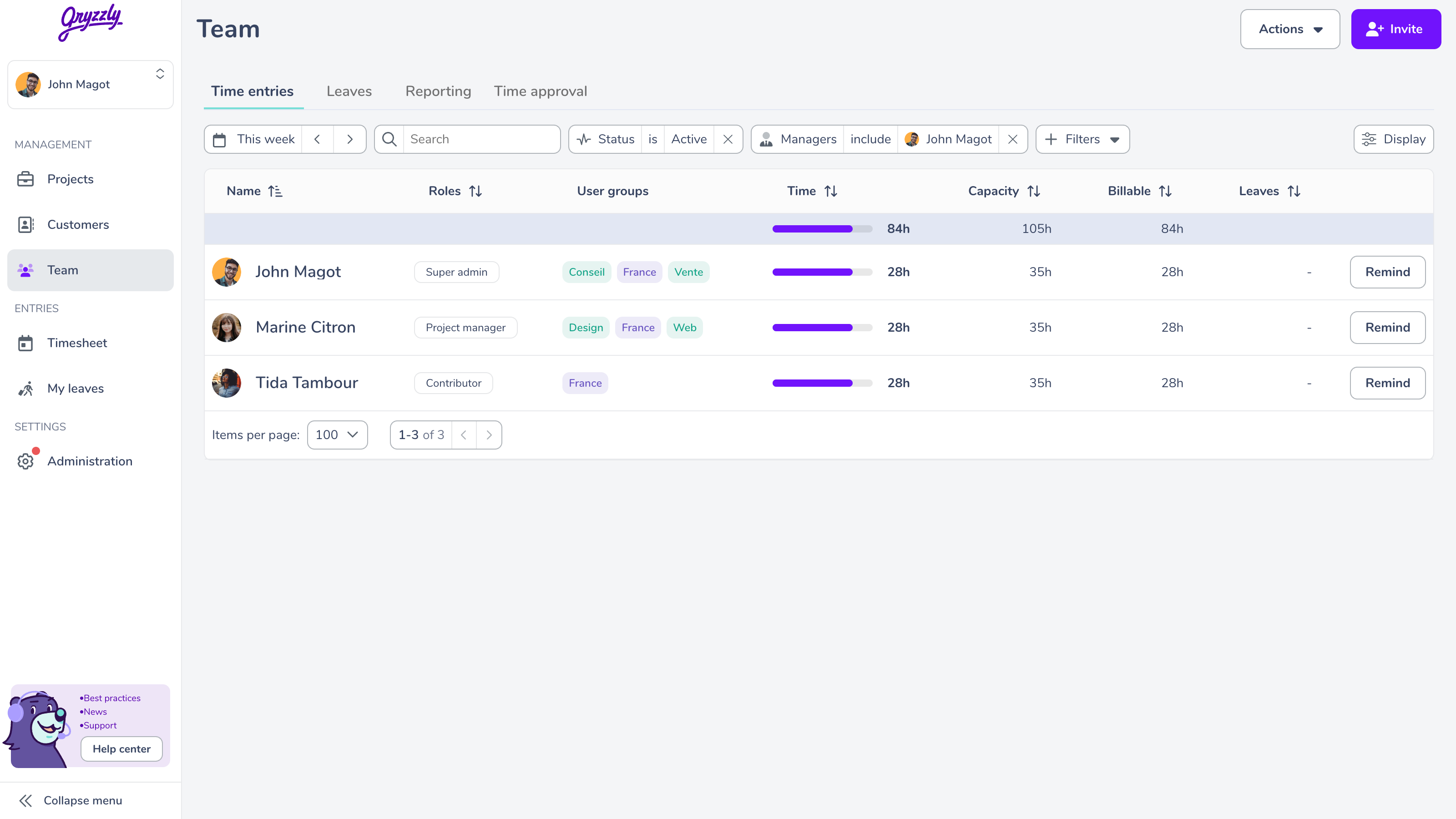 teams view for the manager role