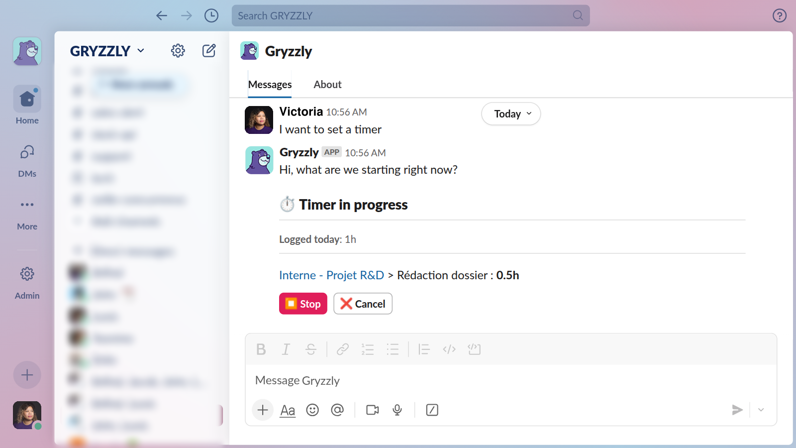 Message of a timer in progress