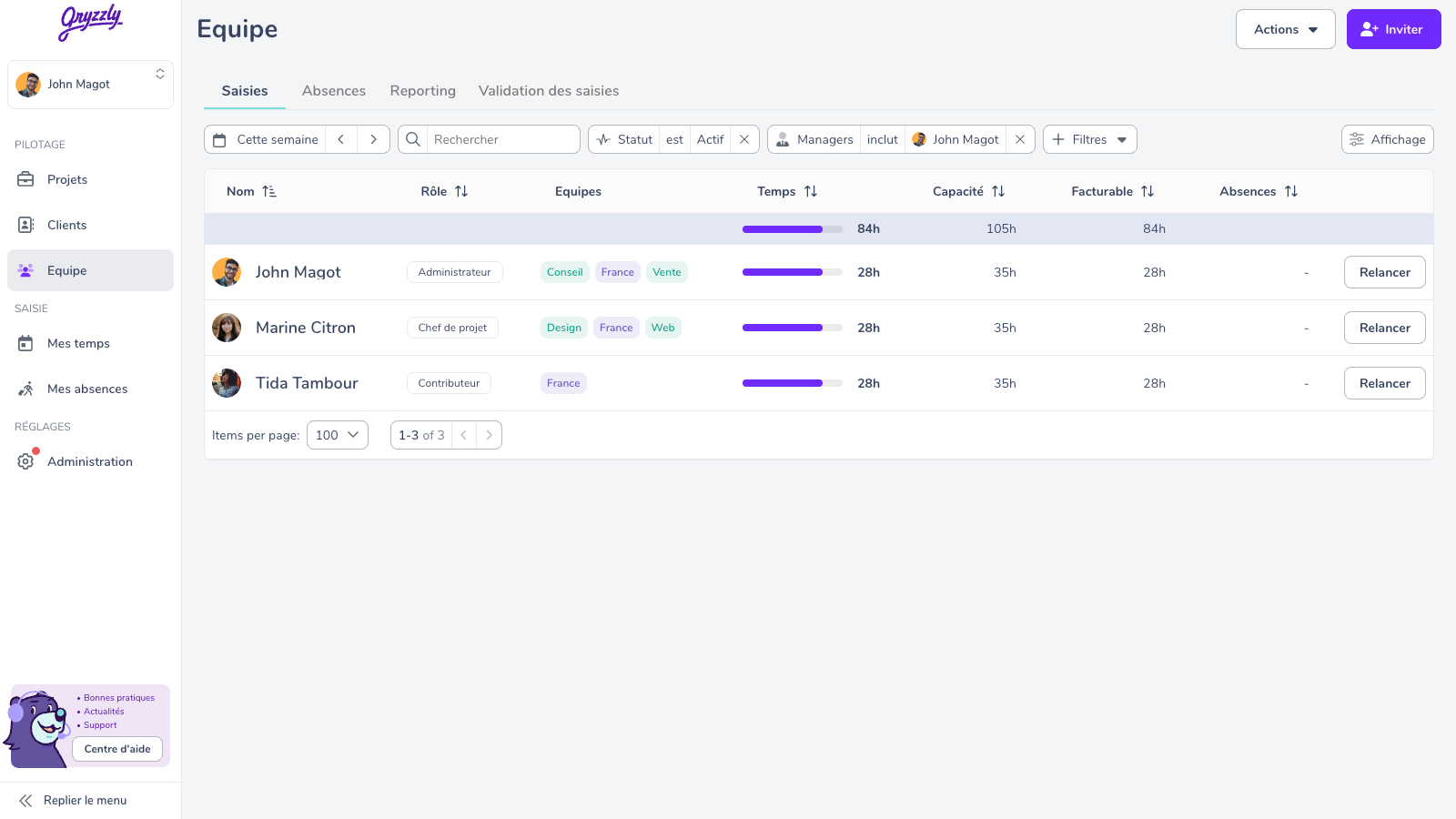 La vue équipe pour le chef de projet