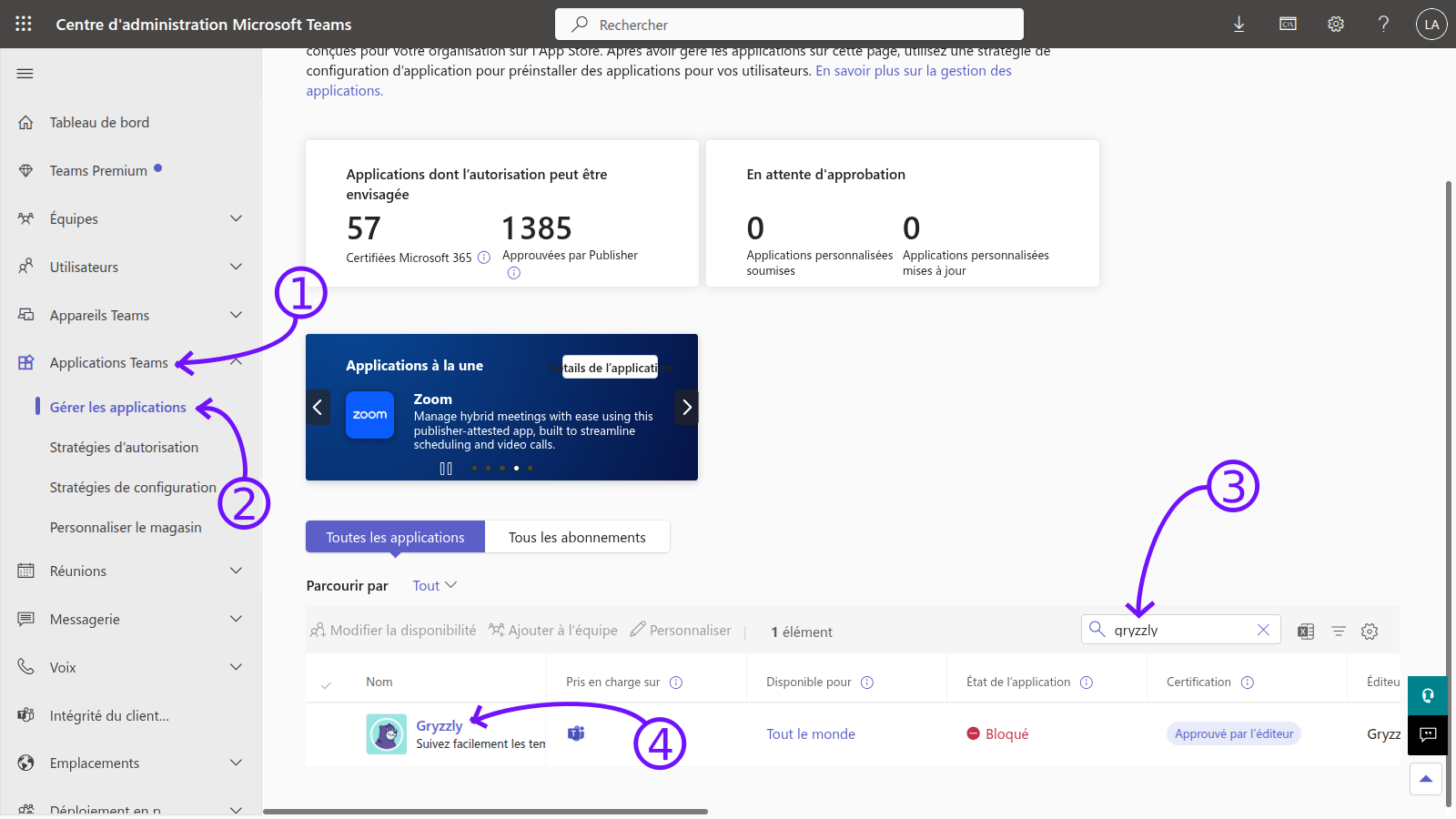 Trouver Gryzzly dans le Centre d’administration Microsoft Teams.