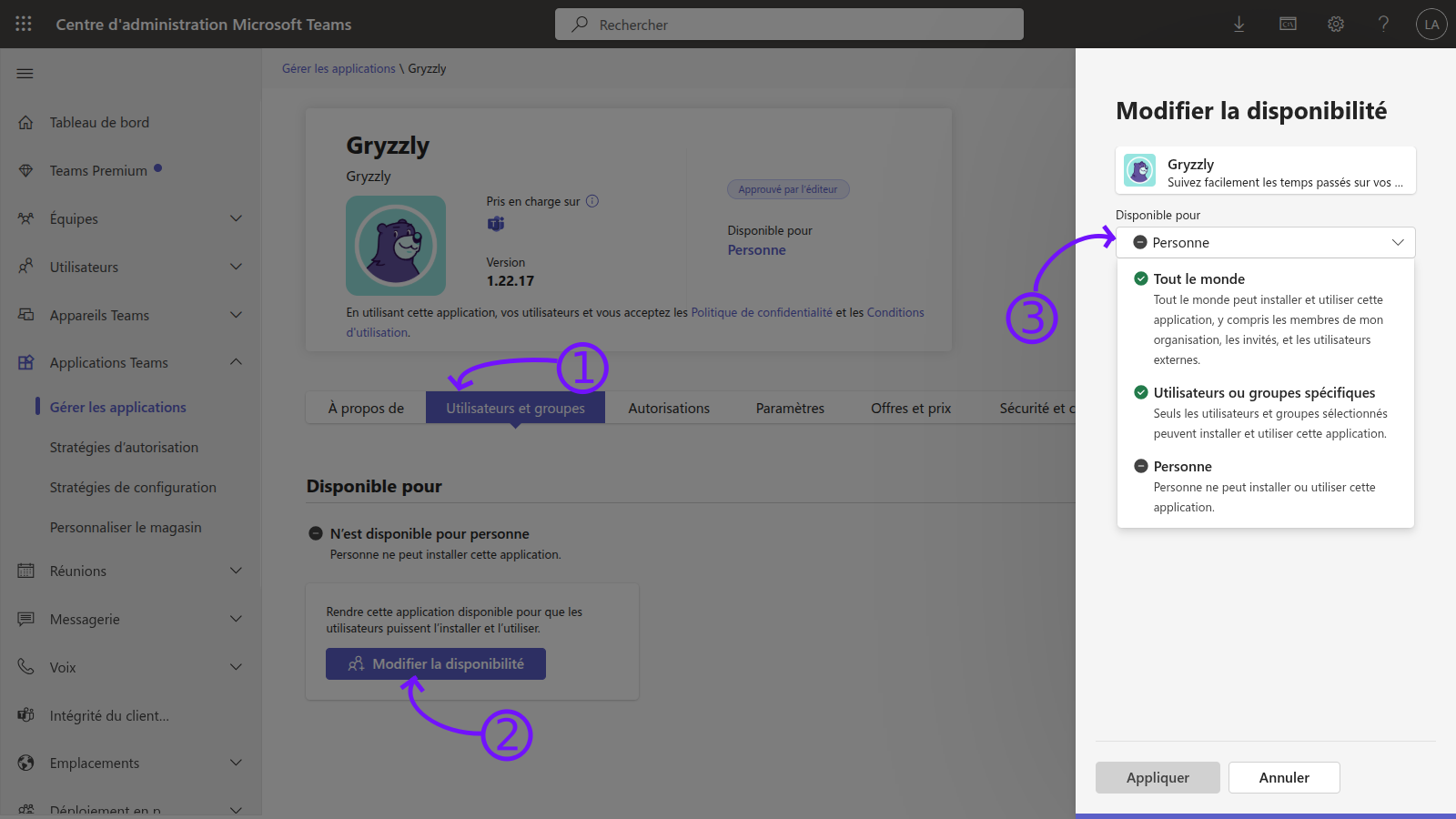 Changer la disponibilité de Gryzzly dans le Centre d’administration Microsoft Teams.