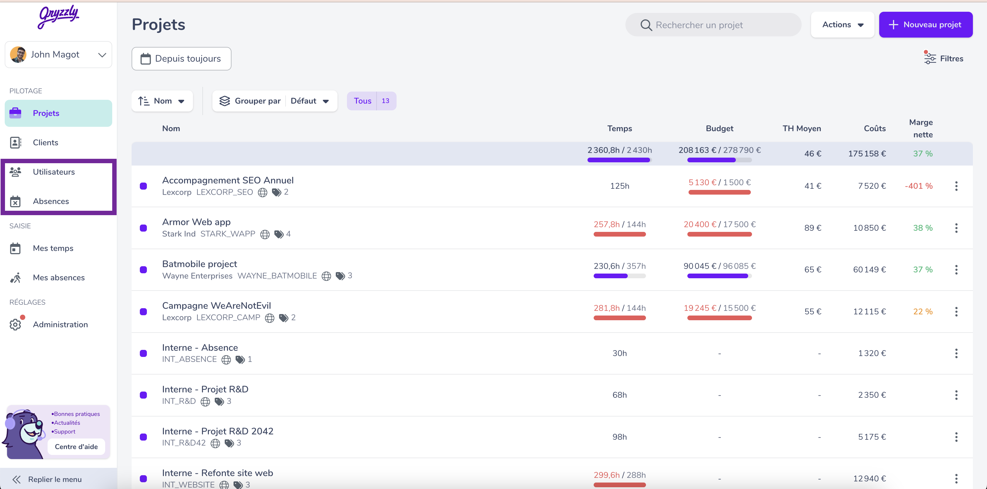 Vue utilisateurs et absences